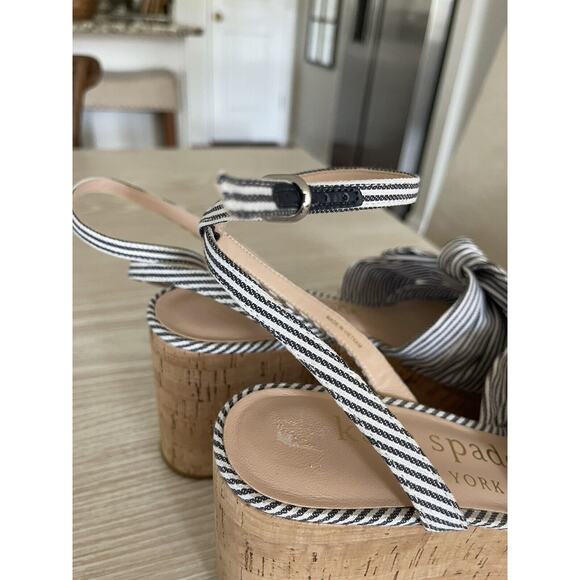 Kate Spade Julep Canvas & Cork Platform Wedge Sandal Blue Stripe Ankle Strap 8.5 - Picture 7 of 8